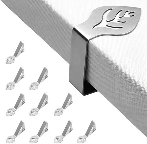 10 Pezzi Ferma Tovaglia da Tavola in Acciaio Inox, Ganci Ferma Tovaglia da Esterno a Forma di Foglia, Fermatovaglia per Tavoli fino a 4cm, Ideale per Picnic, Giardino e Feste