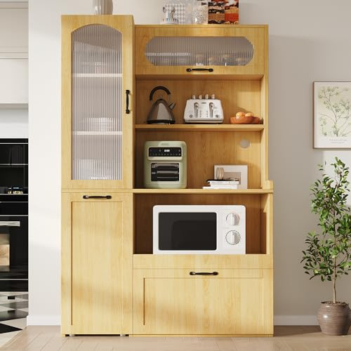 Merax Küchenschrank, Highboard mit Arbeitsplatte, Küchenbuffe mit Ausziehbaren Regalböden, Offenen Ablagefächer und Riffelglas, Buffetschrank für Wohnzimmer, Küche, Esszimmer, 98×40×177cm (Natur)