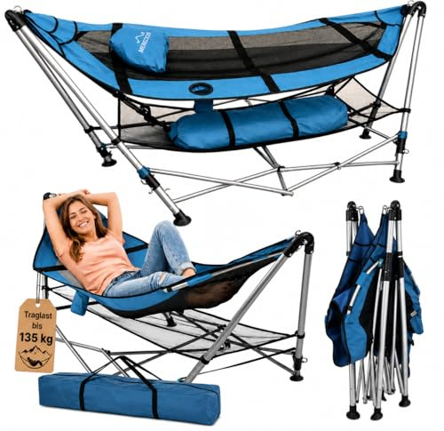 Camping Hängematte mit Gestell Klappbar bis 135 kg – Gartenhängematte Tragbar mit Kissen, Getränkehalter & Tasche – Outdoor Hängematte für Garten, Balkon, Terrasse, Camping & Reisen