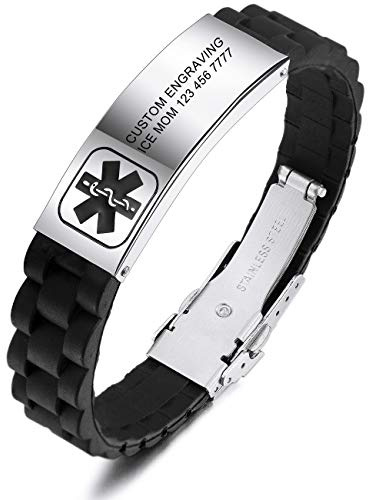 MOWOM Medical Braccialetto Personalizzato con Incisione in Silicone identificativo Regolabile per Uomo Donna Bambini in Acciaio Inossidabile Gomma- (Pacchetto con Carta di Emergenza, Supporto)