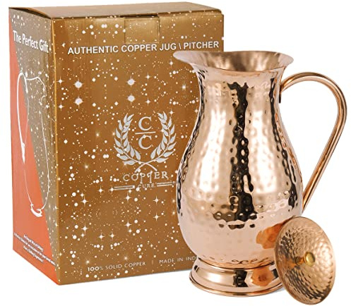 Krug aus reinem Kupfer mit Deckel, großer Krug aus massivem Kupfer, handgefertigt, mit Wasser gehämmert, Kapazität 2000 ml, Kupferkaraffe für Zuhause, Hotels und als Geschenk