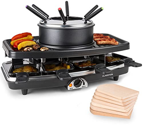 Klarstein 3-in-1 Raclette Grill & Fondue Set, 1100W Tabletop Stone Grill with 8 Pans & Fondue Forks, Indoor Raclette Cheese Cooker