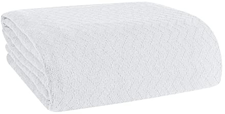 Belizzi Home 100% Cotton Bed Blanket, Breathable Thermal Blanket Twin Size, Soft Chevron Thermal Blanket 60x90, Cotton Bed Blanket, Perfect for Layering Any Bed for All Season, White