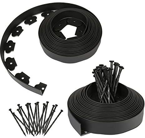 Fiqops Bordure de pelouse flexible en plastique avec 60 goupilles de fixation pour ancrage - Longueur : 20 m - Hauteur : 5 cm - Bordure de parterre