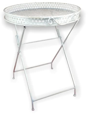 Crispe Stehtablett Beistelltisch Klapptisch Klapptablett rund aus Metall – Tisch klappbar für Indoor und Outdoor in antikweiß, 65 x 50 x 50 cm
