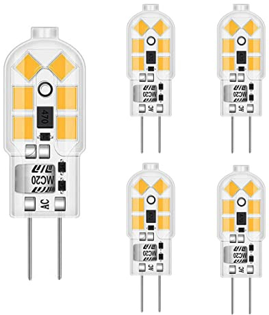 ShuoHui 5x G4 Led Birne Kaltweiss, 1.2W 12V G4 Led Glühbirnen, Ersatz für 10W Halogenlampen, 120lm 6000K 360° 12V AC/DC Led Leuchtmittel, Kein Flackern Nicht Dimmbar Stiftsockellampe Lampen