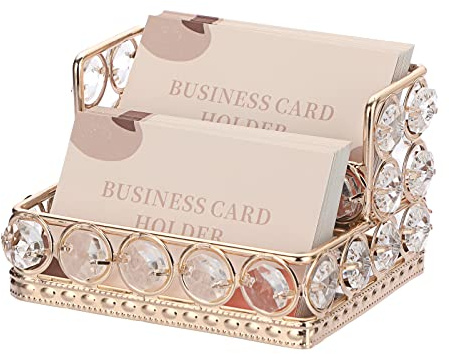 Hipiwe 2 Tiers Crystal Business Card Holder Stand Gold Mirrored Business Card Display Stand Organizer Desktop Business Card Storage Holder for Office Countertop