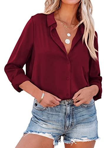 NONSAR Blusa elegante de manga larga para mujer con cuello alto, blusas de oficina, tops informales, borgoña, M