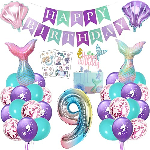 Meerjungfrau Geburtstag Deko 9 Jahre, Kindergeburtstag Luftballon Mädchen, Meerjungfrauen Thema Party Set mit Folienballon, Happy Birthday Girlande, Cake Topper und Tattoos