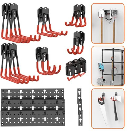 TORACK 24 PCS Garage Storage System Hooks with Tracks, Wall Organizer for Garden Tools, Ladders, Cords, Folding Chairs, Shovels and Rakes, Shelving Hooks for Keyhole Style Shelving Units