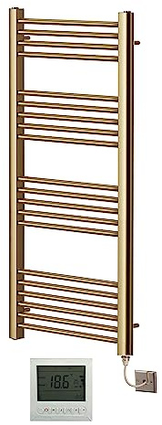 Greened House Electric Brushed Brass Straight Heated Towel Rail High Flat Towel Radiator + Timer and Thermostat (400mm x 1200mm)