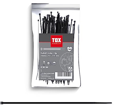 TOX Collier de serrage Clip, noir, résistant aux UV, utilisation universelle à l'intérieur et à l'extérieur, pour une fixation sûre dans la maison, taille 4,8 x 370 mm, 100 pièces, 099600029