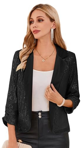 GRACE KARIN Damen Open Front 3/4 Ärmel kurz Leicht Jacke Business Casual Cropped Blazer Mantel Strickjacke Cardigan M Schwarz-Pailletten CL2577A23-01