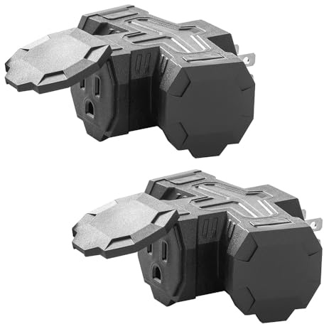 2 Pack Outdoor Plug Outlet Splitter, 3 Way Outlets Power Extender with Safe Cover, Heavy Duty Waterproof Multi Plug for Holiday Decorations, Indoor/Outdoor Use, 1875W/15A, ETL Listed, Black
