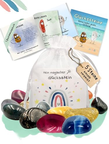 SoSi 5 Glückssteine 2-3cm mit Bedeutung Mitgebsel Glücksbringer | Give Away für Kindergeburtstag, Gastgeschenk Kindergarten Taufe Kommunion Einschulung