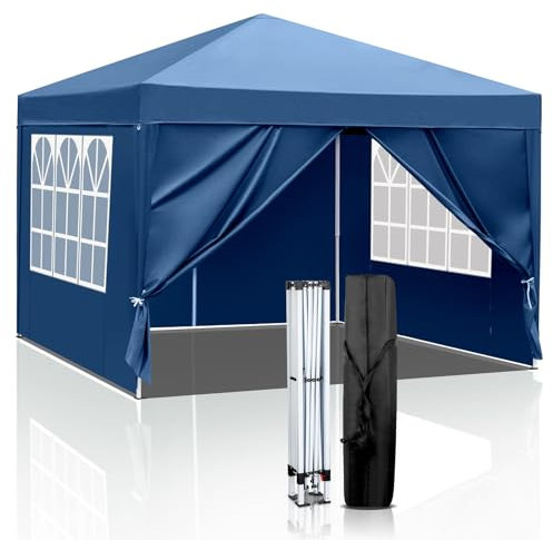 LEADZM 3x3m Tonnelle de Jardin Pliable,Pop-up Barnum,Réglable en Hauteur, Imperméable,Protection UV 50+,avec 4 Côtés,Cadres en Acier,Convient pour la Fête, l'extérieur,Patio,Camping,Bleu