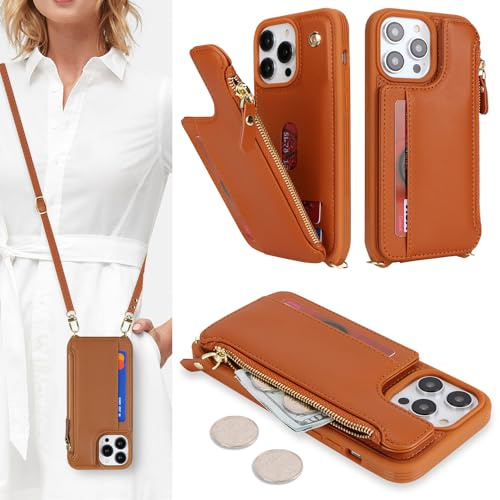 SailorTech Handyhülle für iPhone 12 Pro Max Etui mit Kartenfach, iPhone 12 Pro Max Hülle mit Verstellbarer Halskette, iPhone 12 Pro Max Handytasche mit Reißverschluss Geldbörse - Braun
