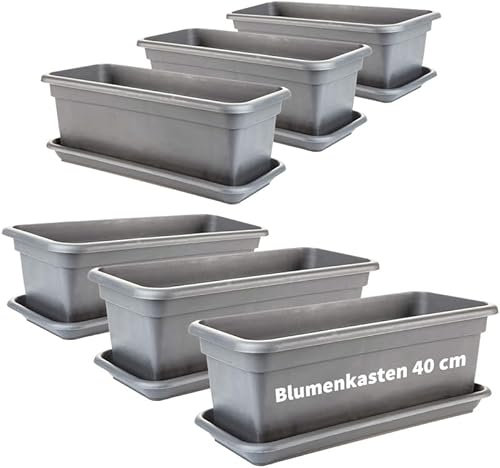 2friends Balkon Blumenkasten Set 40cm, 6er-Pack, mit Untersetzer, Kunststoff, EU-Fertigung, Anthrazit