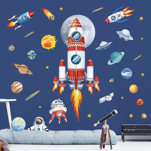 decalmile Wandsticker Raketen Weltraum Wandtattoo Planeten(XL) | Abziehbare und Aufklebbare Wandaufkleber, DIY Abnehmbare Wandkunst Abziehbilder, Wandfreundlich, Leuchtenden Farben