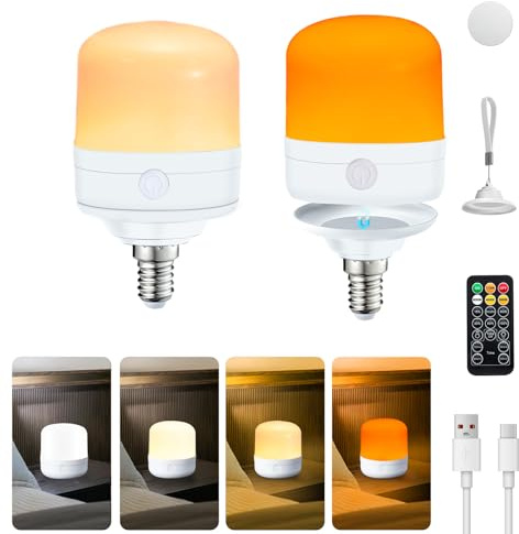 Pulsky Bombilla recargable, 2 bombillas LED E14 a batería con temporizador regulable de 4 colores, 7 W, mando a distancia desmontable para luces de mesa de exterior, no cableada, para camping e