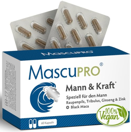 MascuPRO Mann & Kraft | 20:1 Black Maca, Tribulus, Bockshornklee, Cordyceps & Aminosäuren | 60 Kapseln | vegan