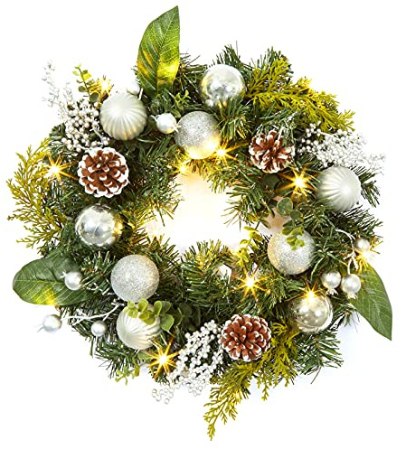 LinTimes 18 In Pre-Lit Christmas Wreath for Front Door, 45cm Silver Front Door Wreaths With 15 Led Lights, Xmas Baubles, Berries, Pine Cones for Fireplace Wall Door Christmas Outside Decoration