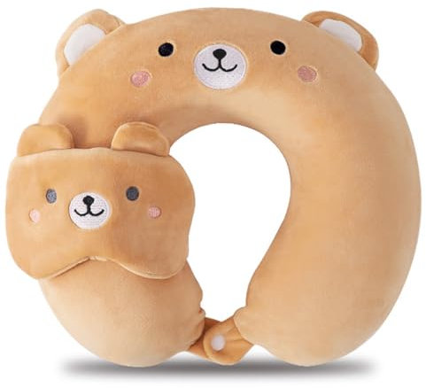 AOOPOO Nackenkissen Kinder, 32x28.5cm Memory Foam Reisekissen Cartoon Tier Nackenstütze mit Augenmaske, Niedlich Kinder Erwachsene Nackenhörnchen Reise Schlafkissen für Auto Flugzeug Zug Büro Heim