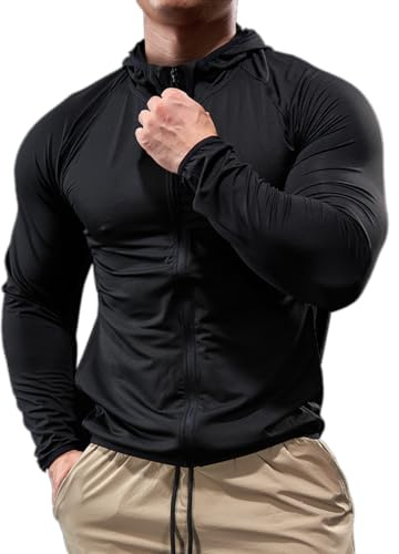Hombres Deporte Sudadera con Capucha Cremallera Completa Chaqueta Ligera Fitness Manga Larga Camisetas para Correr Tops Negro L