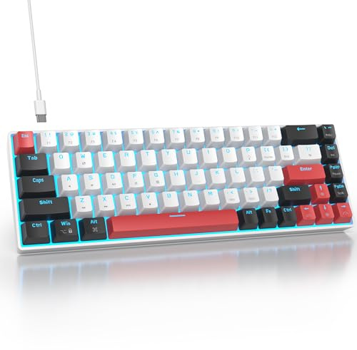SbocKeeb Speltangentbord vitt, 60 procent – minimekaniskt tangentbord 65 procent blå LED-bakgrundsbelysning, 68 tangenter trådbundet gamer, Amerïka QWERTY med röda switchar för PC/laptop GT68-White