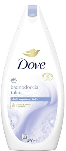 Dove Bagnodoccia Talco, Formula con Idratante Dermo-Naturale, con 1/4 di Crema Idratante, Dermatologicamente Testato, Bagnoschiuma Uomo e Donna, 100% Bottiglia Riciclata* 6 Pezzi x 450 ml