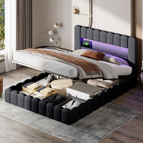Doppelbett 160x200 cm, Polsterbett mit USB-Ladefunktion, Stauraumkopfteil und LED-Beleuchtung, Kastenbett mit Lattenrost, für Erwachsene und Jugendliche geeignet, ohne Matratze (Dunkelgrau, 160x200cm)