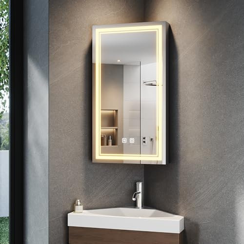 SONNI Eckspiegelschrank mit Beleuchtung, LED Dreieckiger Spiegelschrank Bad mit Steckdose, Dimmbar, 3 Dimmbare Farben Nebelfreier Bad-Wandschrank, Mattschwarzer Medizinschrank