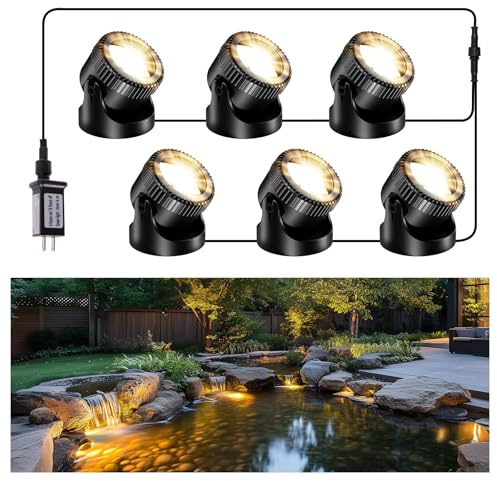 POPOSOAP Pond Lights, 6-in-1 Warm White Underwater Pond Lights, IP68 Waterproof LED Landscape Spotlights for for Pond, Garden, Patio, Fountain, Pool, Waterfall Decoration(6 Head Lamps)