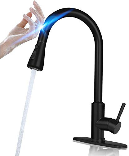 Smart Touch Faucet for Kitchen Sink: MSTJRY Matte Black Touch Kitchen Faucets with Pull Down Sprayer - Stainless Steel Sink Faucet Hands-Free Single Handle 1/3 Hole Deck Plate