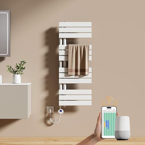 EMKE Scaldasalviette Elettrico con WIFI Termostato 104x40 cm, 400W Bianco, Scaldasalviette a Basso Consumo, Resistenza Riscaldante con Timer, Termoarredo Bagno, Scaldasalviette Elettrico Bagno