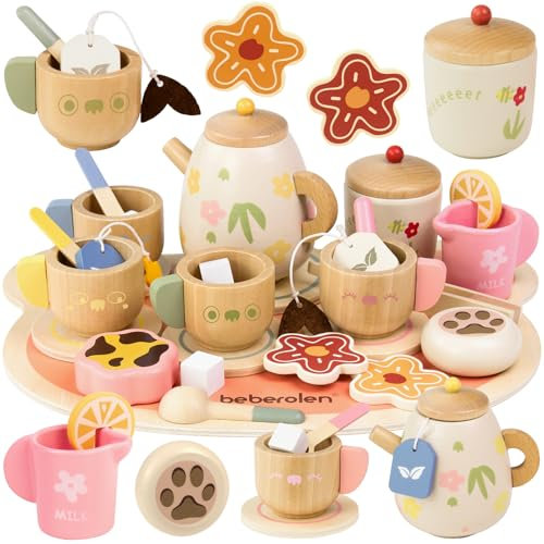 Beberolen Tee Service Set Kinder Holz, 31PCS Teeservice Kinderküche Spielküche Zubehör aus Holz, Küchenspielzeug Teeset mit 4 Tassen, Pädagogisches Rollenspiel Tee Set, Geschenk Mädchen Jungen