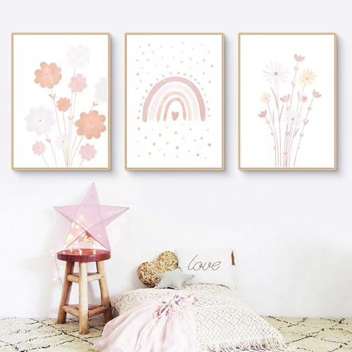 Ueiwffzo 3er Set Wandbilder Kinderzimmer Babyzimmer Poster, Rosa Regenbogen Blume, Leinwand Bilder Wandposter, Bilder Mädchen Boho Deko Dekoration, Ohne Rahmen (30x40cm)