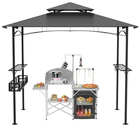 Aufun Grillpaviljong utomhus 245 x 153 x 250 cm vattentätt grillhus med rökuttag UV-skydd, trädgårdsfest BBQ paviljong vindsäkert, grilltak grillskydd för camping/trädgård, grå