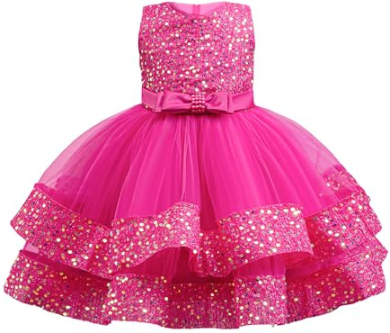 Miipat Flickklänning med paljetter ärmlös tyll, prinsessklänning för flickor, förskoleflickor, formella festklänningar för födelsedagar, bröllop och skönhetstävlingar, Rosa röd, 2-3 år