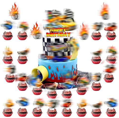 25Pcs Racing Car Cake Toppers Cake Decorations, Car Happy Birthday Topper Cartoon Decoration Racing Car Cup Toppers 1 Large 24 Smal Cupcake Toppers Boys Kids Birthday Party Decoration Supplies