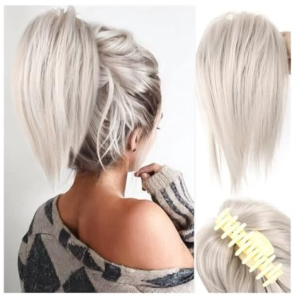 Haarknoten mit Krallenklammer, synthetisches Haarteil, Splittergrau, sofortige Hochsteckfrisur, gerade Pferdeschwanzverlängerung for Frauen