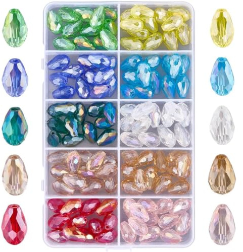 PONABEADIY 1 boîte de 120 Perles en Verre en Forme de Larme de15x10mm 10 Couleurs Trou Vertical Cristal Transparent à Facettes Couleur AB Breloques en Forme de Goutte d'eau Perles D'Espacement Lâche