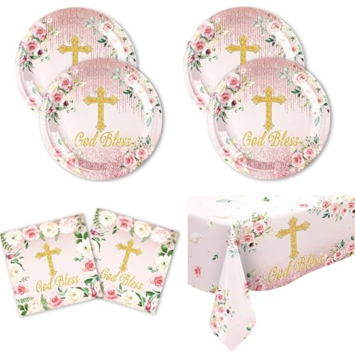 Vaisselle fête de Baptême communion,Set d'assiettes en papier pour anniversaire d'enfant, Décoration de fête à motif floral croisé,écoration de table pour baptême, confirmation, communion