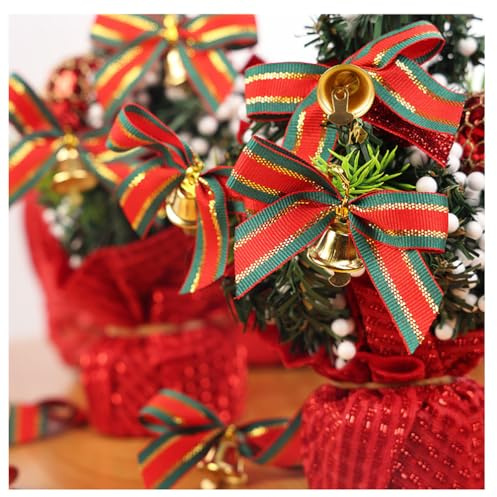 Fiocco rosso verde con campanella fiocco di Natale piccolo fiocco per albero di Natale decorazione mini fiocco regalo fiocchi con cravatte d'oro per albero di Natale, matrimonio, festa 10 pezzi