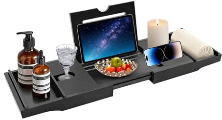 Badewannenablage Ausziehbar Bambus, Verstellbares Badewannenbrett, Badewannen Ablagen, Anpassbare Länge 75–111 cm, Badewannen-Aufbewahrungsregal (Schwarz)