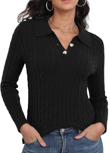 GRECERELLE Women's Knit Jumper Polo Neck | Cable Knit Long Sleeve, Casual, Pullover, Tops, for Fall Winter