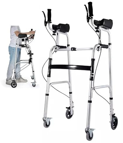 Andador plegable resistente con soporte para antebrazo y asiento de cuero, altura ajustable para adultos, personas mayores, hombres altos, ayuda a la movilidad en interiores y exteriores