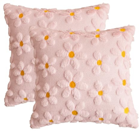 Artoid Mode Set di 2 federe decorative per cuscino in morbida peluche pelliccia sintetica rosa con margherite primaverili, 45 x 45 cm, per divano e soggiorno