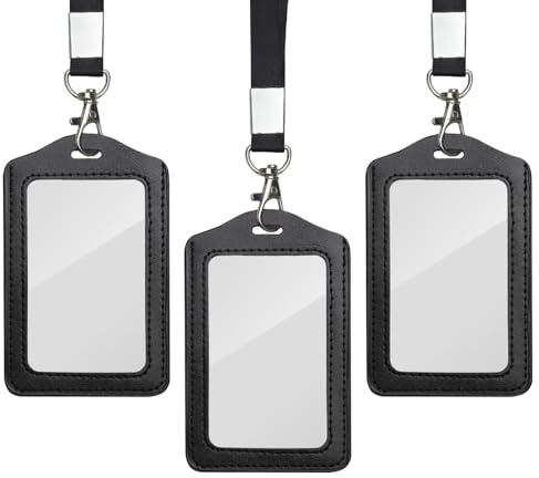 TNSLAND 3 st ID-kortfodral med band läder svart, dubbelsidigt fönster ID kortfodral transparent, ID-kort fodral snodd ID-korthållare, kontor, skolutställning, elev busskort bärbar