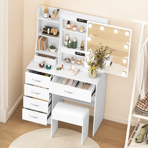 Ereousa Postazione Trucco con Sgabello e Specchio, Toilette Trucco con Luci, Luminosità regolabile, Toletta da Trucco con 6 Cassetti, 6 Ripiani, Bianco 36x80x131cm, H91007